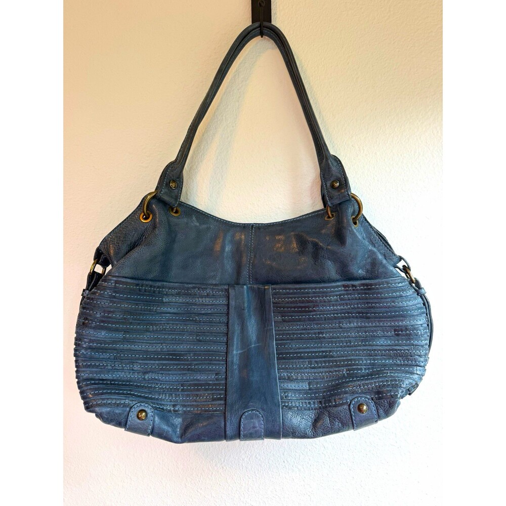 Nino Bossi Blue Shoulder Bag Floral Zip Lined Inner Pockets Gold Hardware
